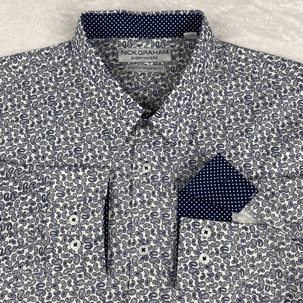 Nick Graham Everywhere Shirt Mens 17.5-36/37 Blue White Paisley Stretch NWT!